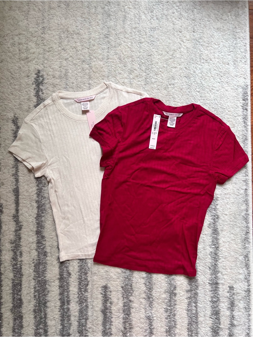 NWT Victoria's Secret Ribbed Modal Baby Tee Tops XS Set of 2 White & Red